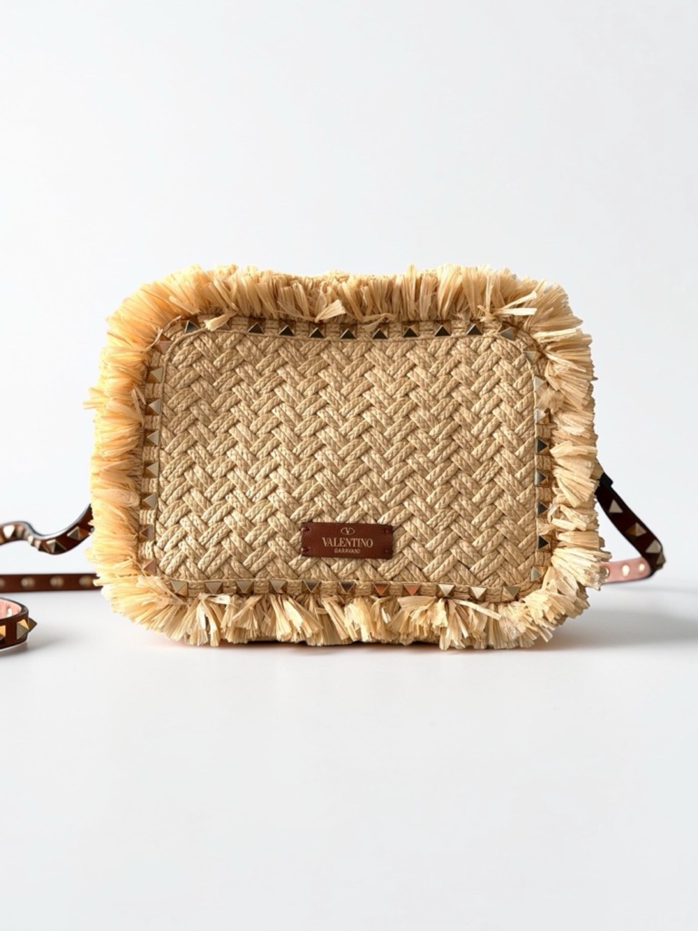 Valentino Garavani Rockstud Straw Crossbody Camera Bag